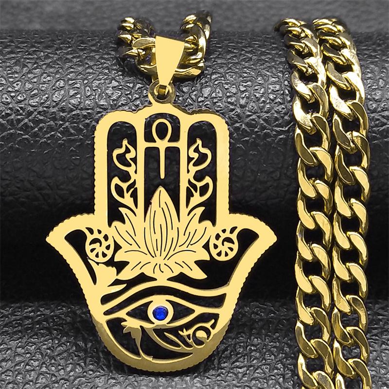 Collier Main Hamsa Lotus pour Hommes Acier Inoxydable Couleur Dorée Œil Maléfique Main de Fatima Cristal Bleu Pendentif Chaîne Bijoux 8075S05