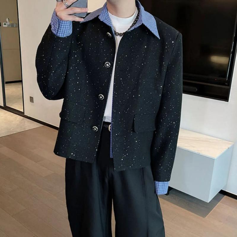 

2025 Short Spliced New Jacket Men s Fashion Versatile Fake Two-piece Tops for Men S чорний