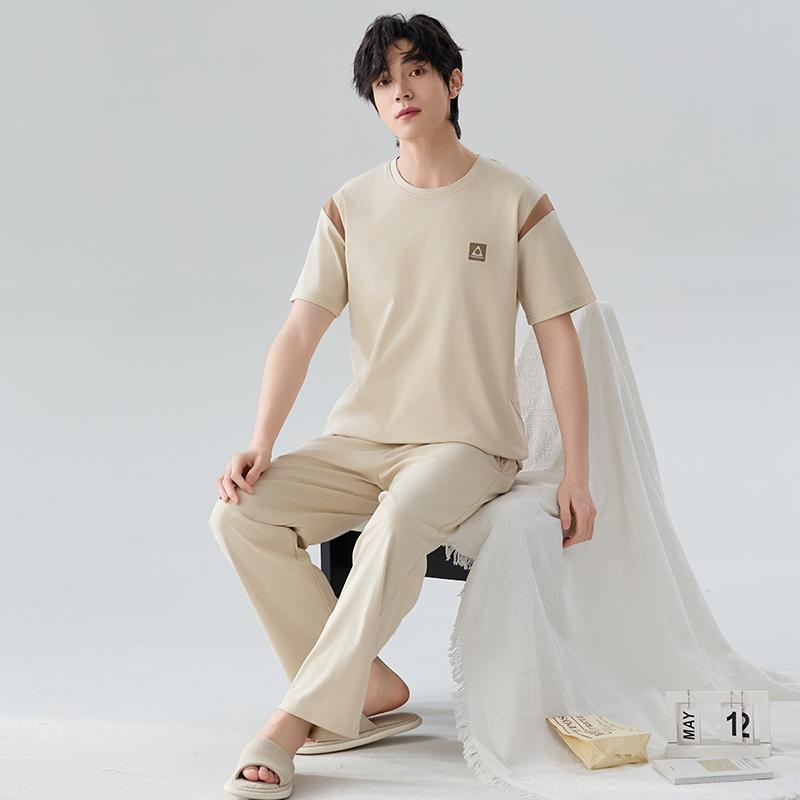 2025 Spring Summer Pure Cotton Solid Leisure Men's Pajamas Set Elastic Waist Boys Sleepwear Short Sleeve Tops and Long Pants Soft Pijama Home Wear
