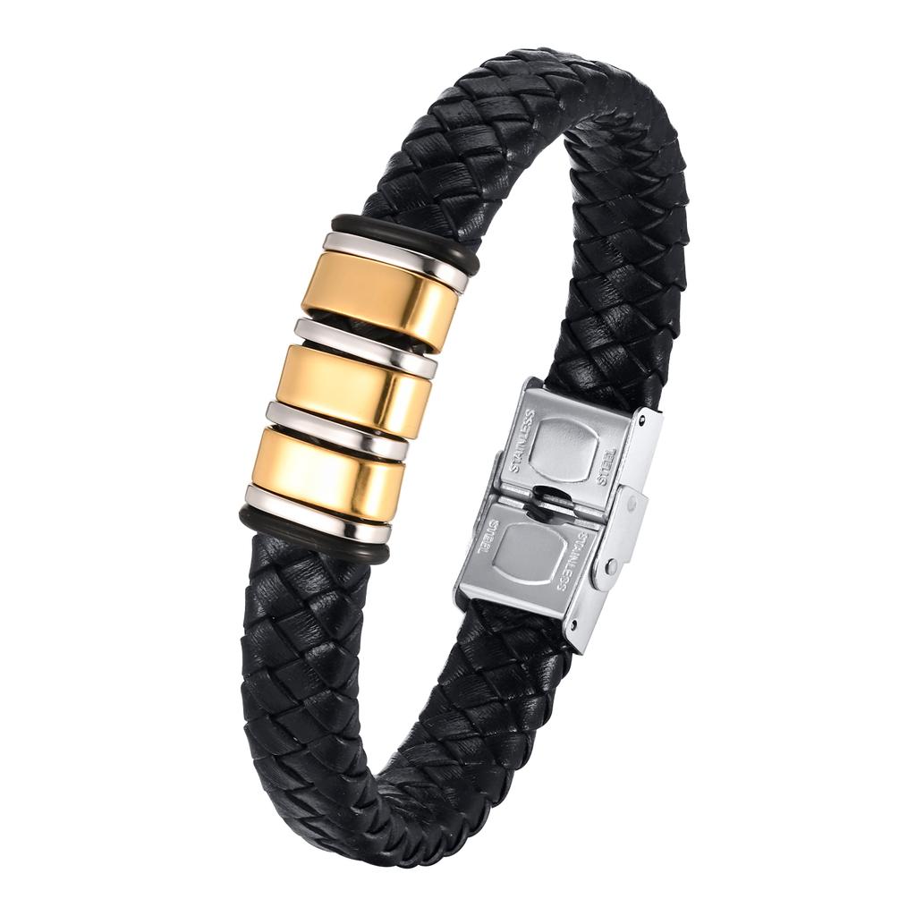 Vnox Free Personalized Family Names Stainless Steel Beads Bracelets Gift for Dad Grandpa, Mens Leather Wristband,Christmas Gift