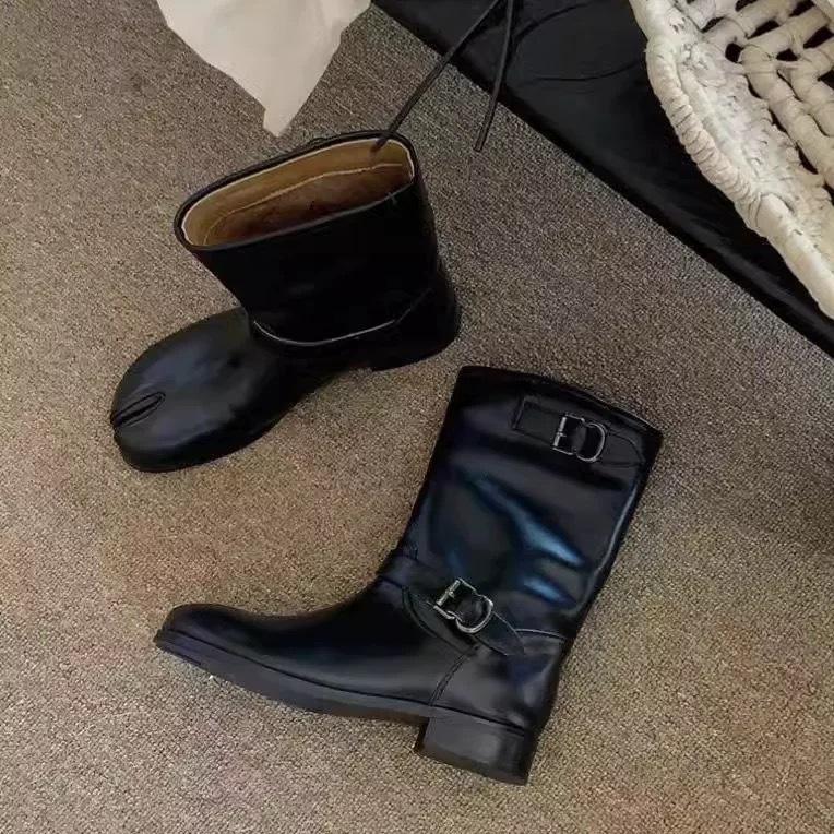 Retro niche pig's trotters boots split-toed Martin boots women's autumn and winter velvet thick heel versatile medium boots western cowboy boots