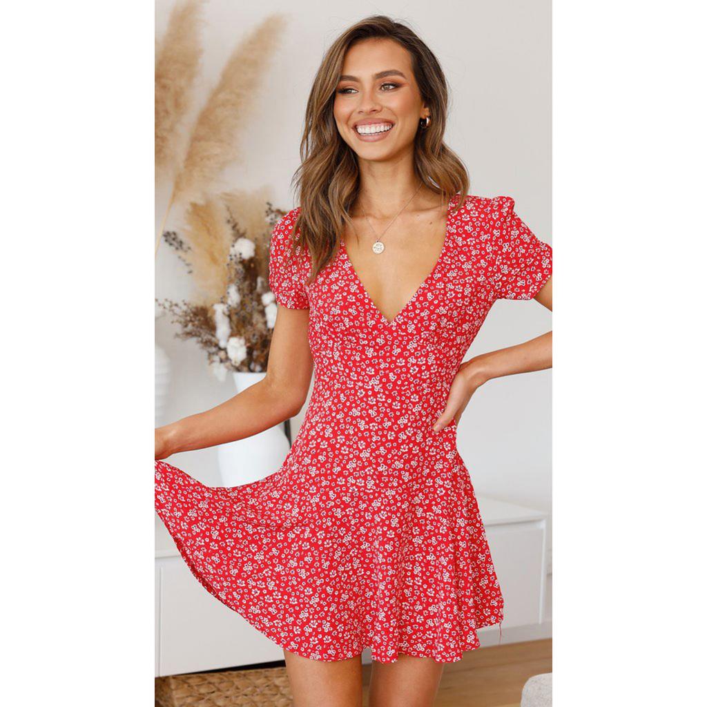 Women Floral Print Short Sleeve Sexy V Neck Cocktail Party Beach  Dress