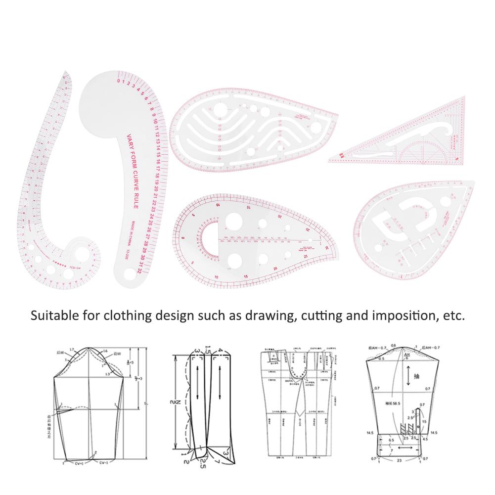 6PCs Clothing Ruler Sewing Tool Set Multifunctional Lightweight Tailor Tools Plastic for Clothing