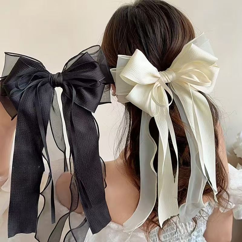 1 Stück süße und niedliche hochwertige Haarspange mit Federverschluss, supergroße jasminweiße doppellagige Tüll-Ausreißer-Prinzessin-Schleife mit Band