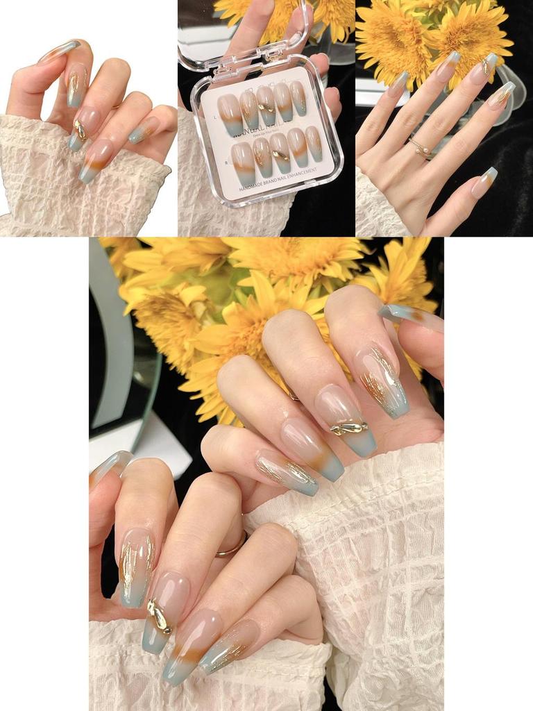 Forest Mist Color Handmade Nail Stickers With Ice Transparent Design Long Style Removable