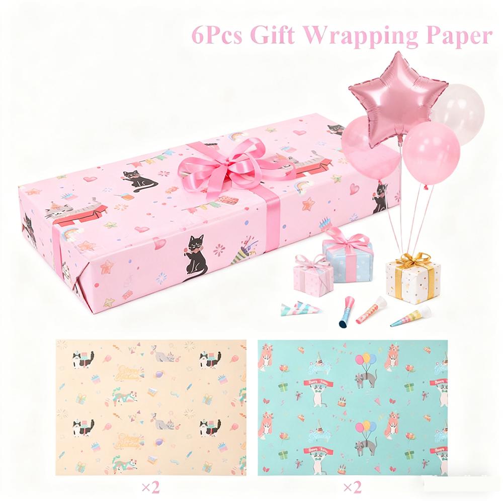 6 Blatt Cartoon Geschenkpapier Rosa Schleife Niedliche Katze Bär Elefant Muster Geburtstagsfeier Deko Geschenkverpackung DIY Bastelpapier