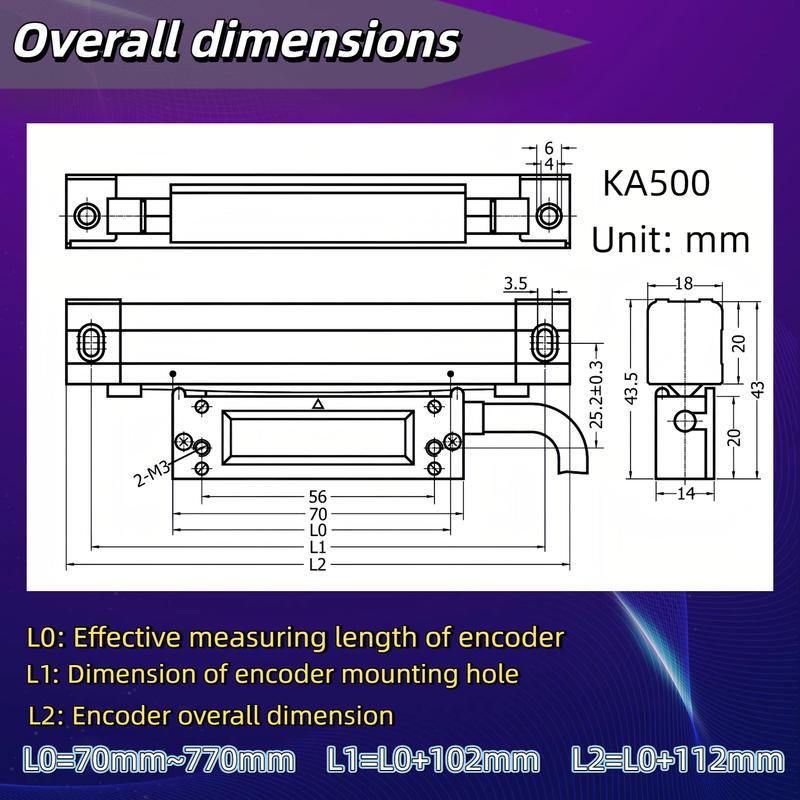 Sino KA-500 Slim Linear Glass Scale Ruler Digital DRO Grating Ruler 1um TTL Precision Measurement Small Thin 370-770mm