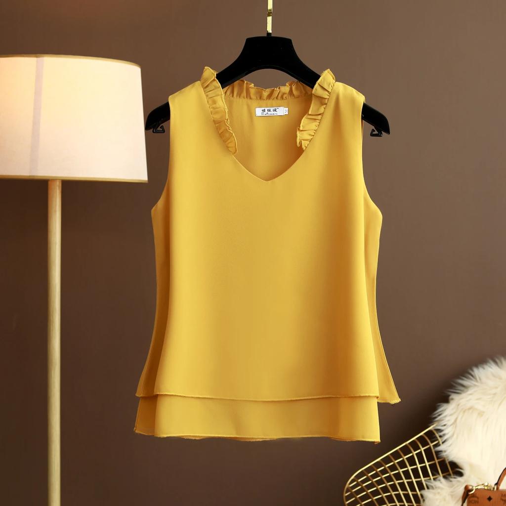 Women's Summer Solid Color V-Neck Plus Size Chiffon Shirt Design Loose Sleeveless Bottom Tank Top