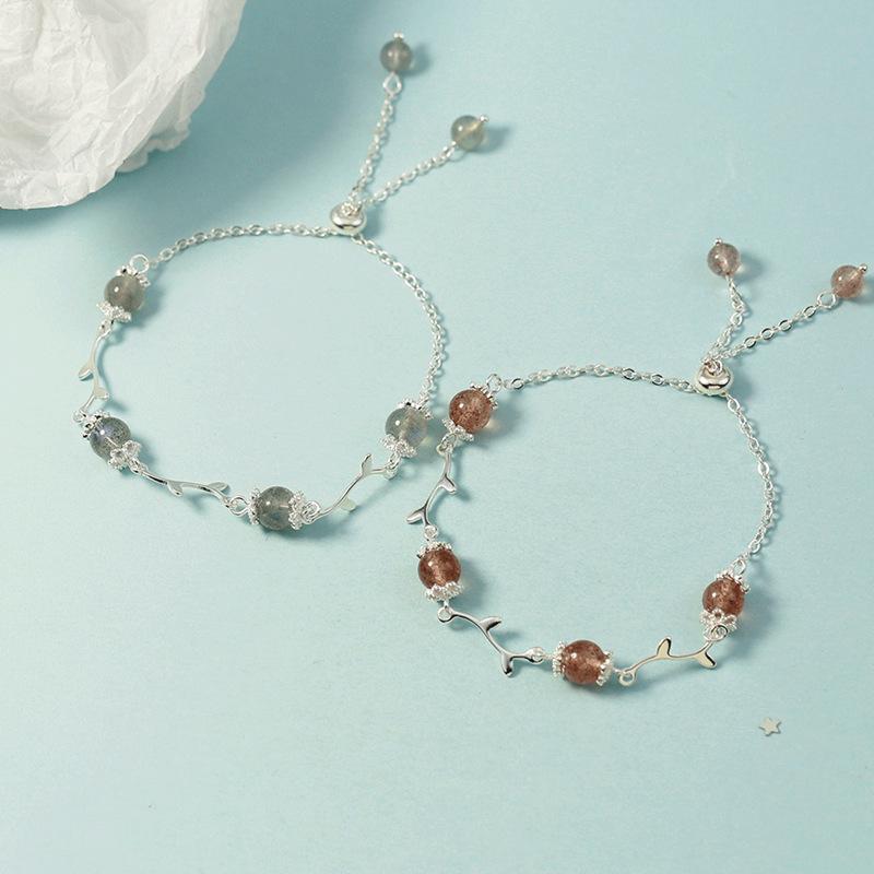 

Korean Style Pink Crystal Strawberry Bracelet - Flower Branch Design, Mori Style, Love Charm, Ideal for Women, Best Friends, and Students Moonstone Bracelet