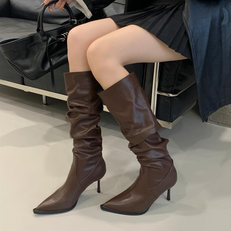 Pointed Thin Heel High Heel Stacking Boots 2025 Autumn and Winter New Medium Tube Women's Pleated Boots Martin Boots Long Boots