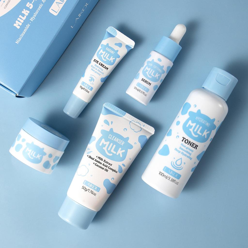 LAIKOU Milk Glowing Skincare Set 5pcs Hydrating Smoothing Improve Texture Reveal Radiance Refine Firmness