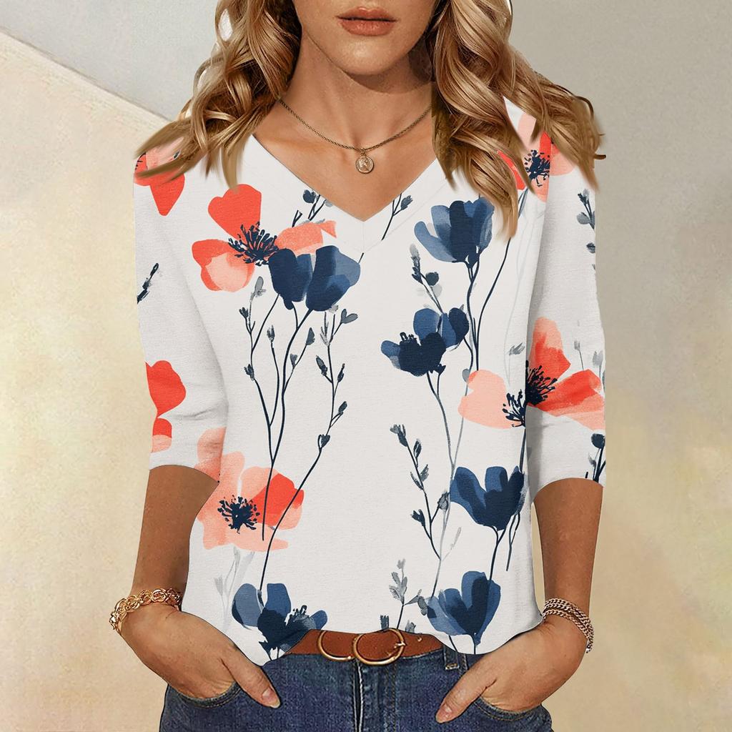 Women's Tops Three-quarter Sleeve Shirt V-neck Loose Casual Shirt Floral Printed T-shirt