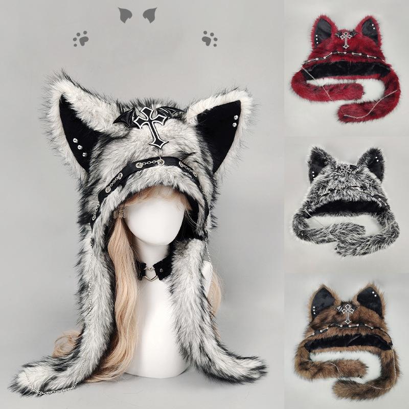 Dark Series Gothic Plush Hat Y2K Cross Metal Style Headwear Cosplay Cat Ear Hat Halloween Punk Rock Warm Cap For Women Men