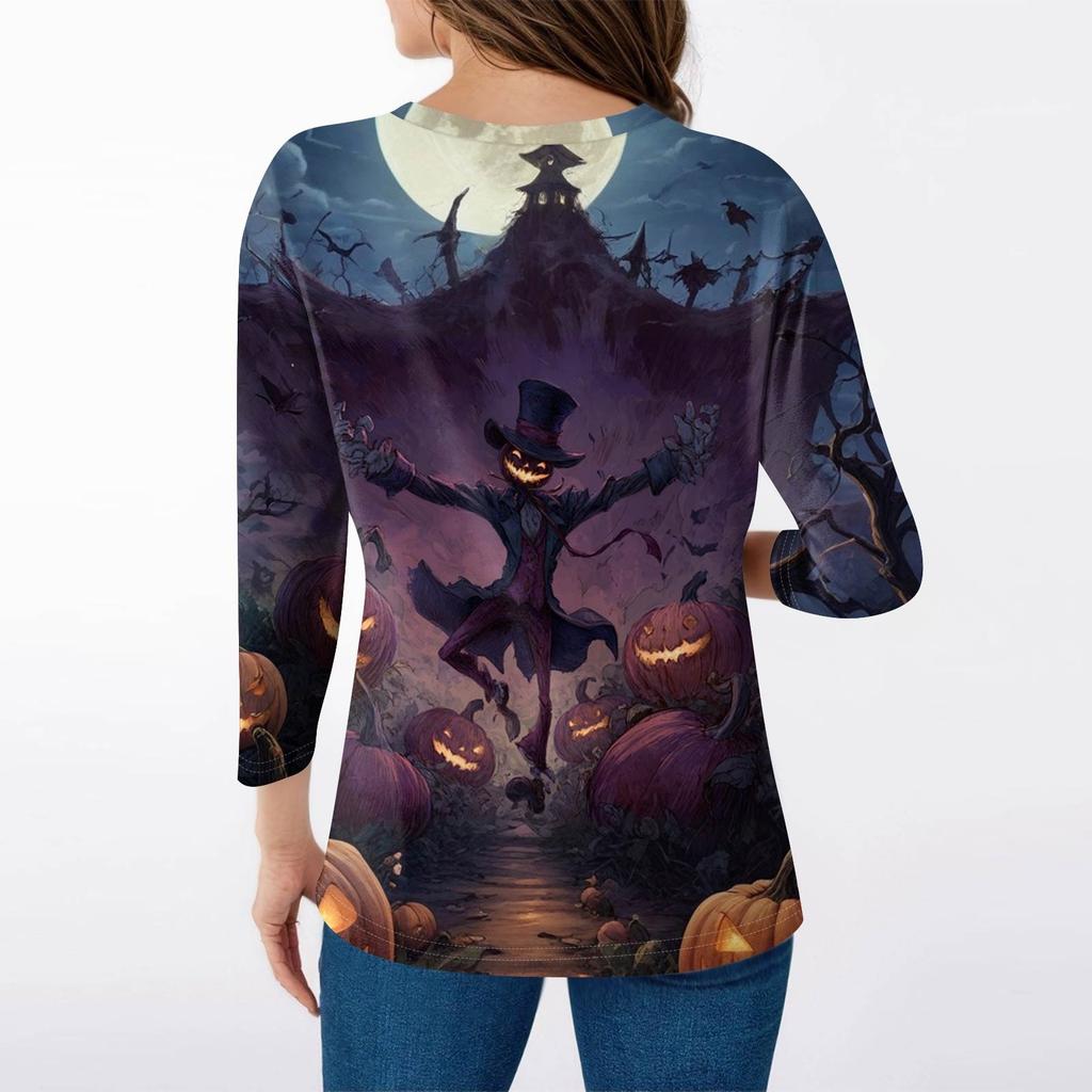 Damenoberteile Dreiviertelarmhemd V-Ausschnitt Lockeres Freizeitshirt Druck T-Shirt