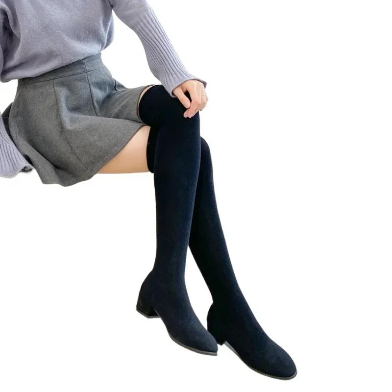 

New Chunky Platform Boots for Women Fashion Round Toe Knitted Elastic Flat Over Knee Sock Boots Woman Thigh-high Sexy Sock Boots 35 чёрный