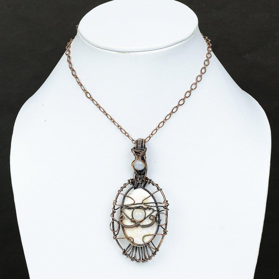 Orange Scolecite, Moonstone Gemstone Copper Wire Wrap Jewelry Pendant 3.47"