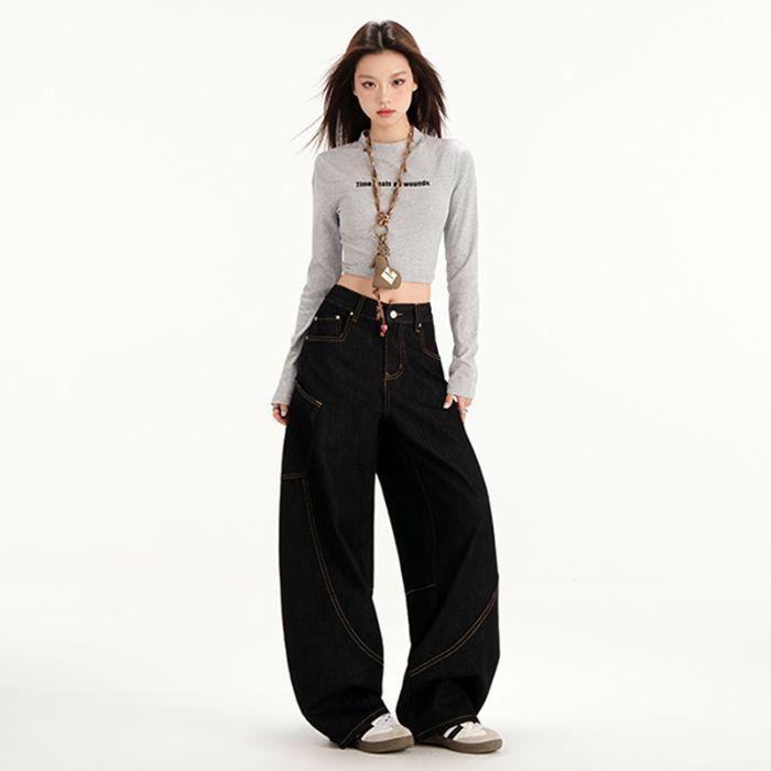 American retro big pocket tooling scimitar jeans women's loose wide-leg sickle silhouette design dad pants