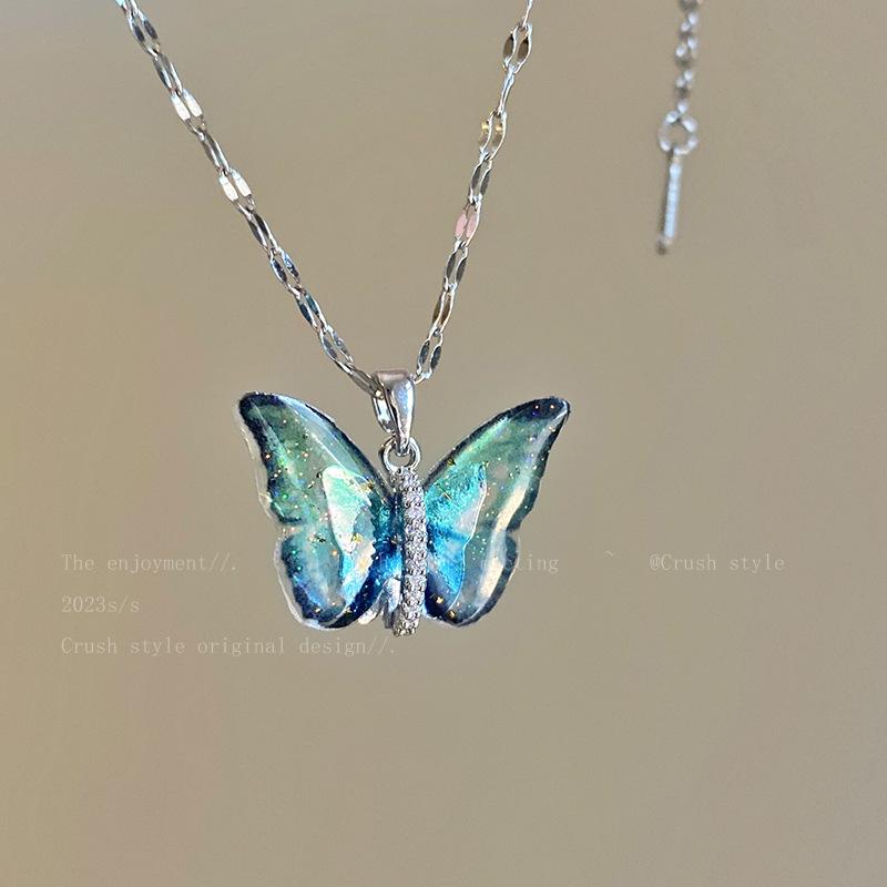 Colorful Crystal Butterfly Charm Necklace Simple Insect Clavicle Chain For Women Girl Fashion Jewelry Accessories Gift