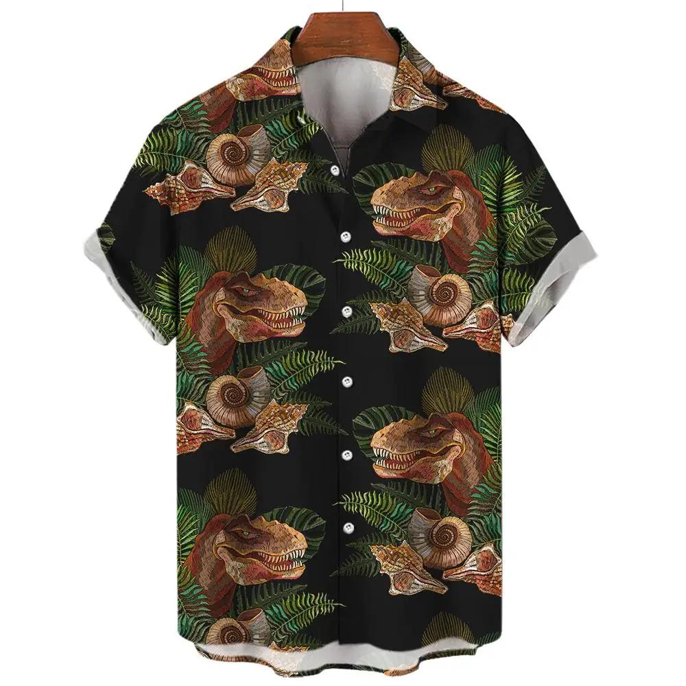 Dinosaur Skull & Tropical Leaf Print Short Sleeve Shirt, Casual Summer Top