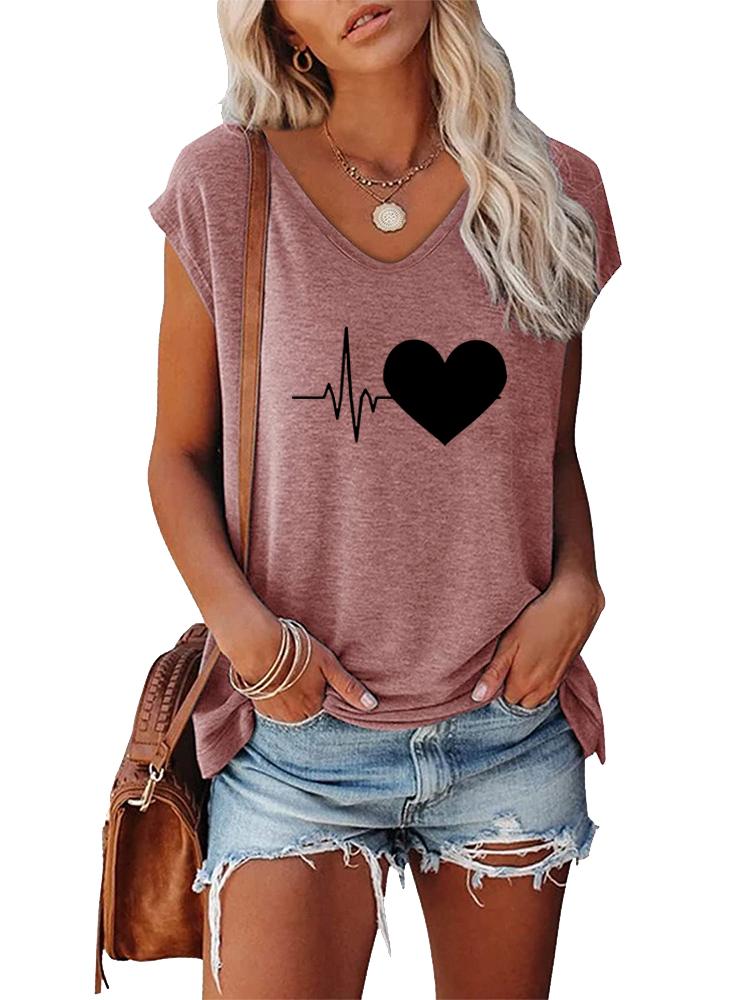 Women Fashion V Collar Short Sleeve Top Summer Casual Print T-shirt
