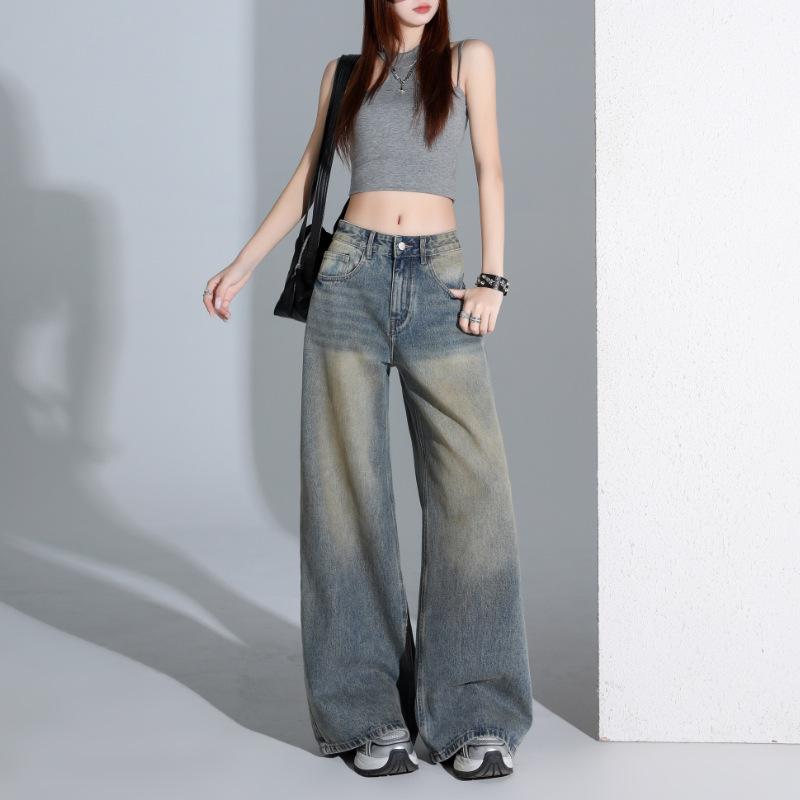 Women s Retro High-Waisted Distressed Wide Leg Jeans - Trendy and Comfortable M