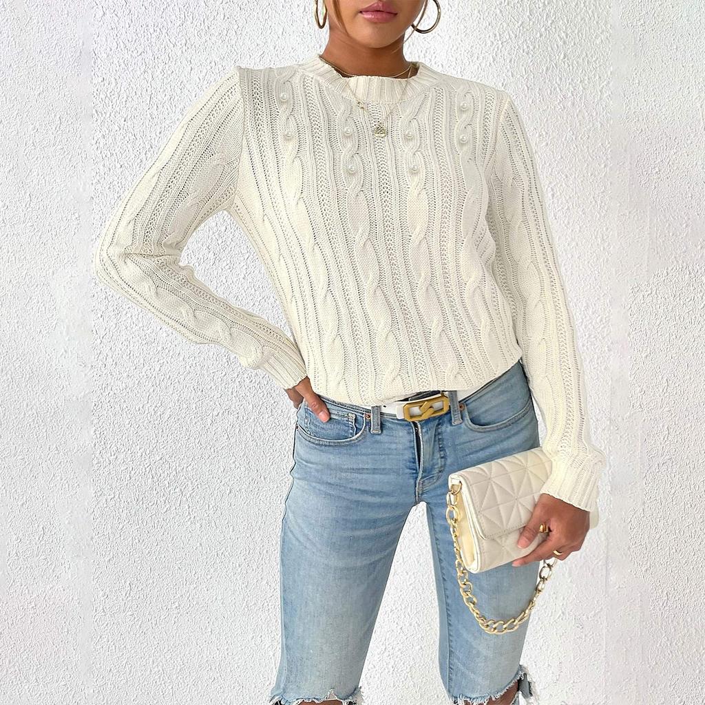 Women's Autumn And Winter New Round Neck Pullover Casual Bottoming Machine Knitting Pearl Beading Long-Sleeved Jumper