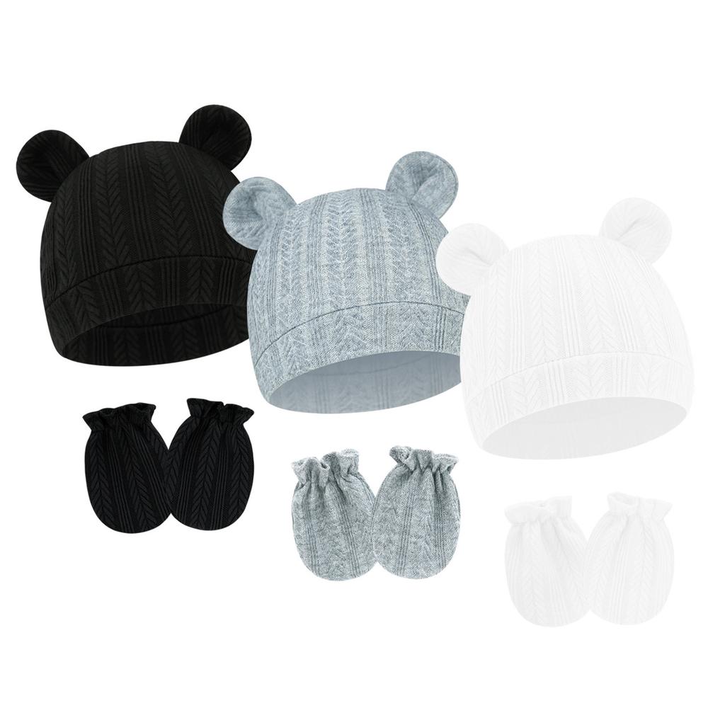 Baby Boy Girl Gloves Hat Knitted Soft No Scratch Mittens Breathable Cotton Blend Bear Ear Cap Gloves for Infant