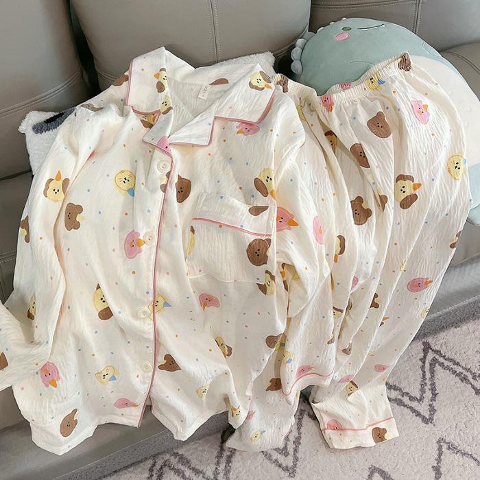 Women's Spring & Autumn Cloud Cotton Pajama Set - Thin Print & Embroidery, Loose Fit, Long Sleeve & Pants Home Wear.