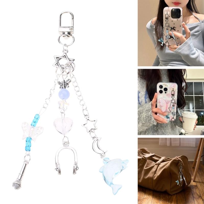 Handmade Beaded Keychain Sweet Bowknot Heart Pendant Keyring Fashion Phone Chain for Women Bag Charm Aesthetic Jewelry