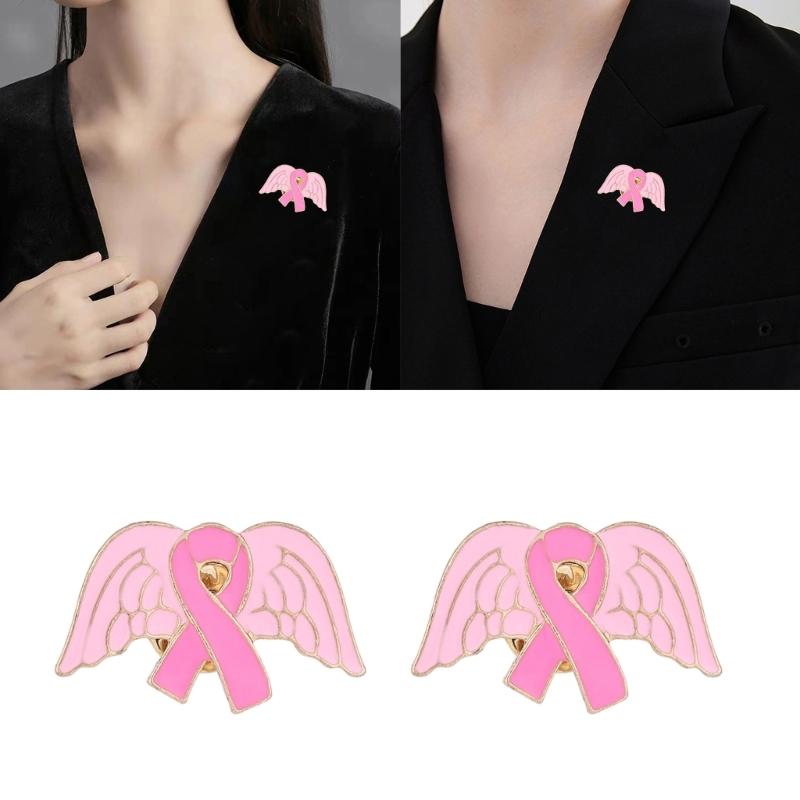 10Pcs Cancer Awareness Brooch Pink Alloy Ribbon Pin Wing Shape Brooches Lapel Pin with Back Clasp For Clothing Dress Bag