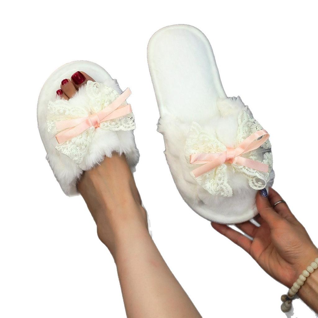 Open-toed Fluffy Slippers Open At Home, Skin-friendly, Non-slip, Silent, Outer Wear, Cotton Sweet and Beautiful Big Bow.