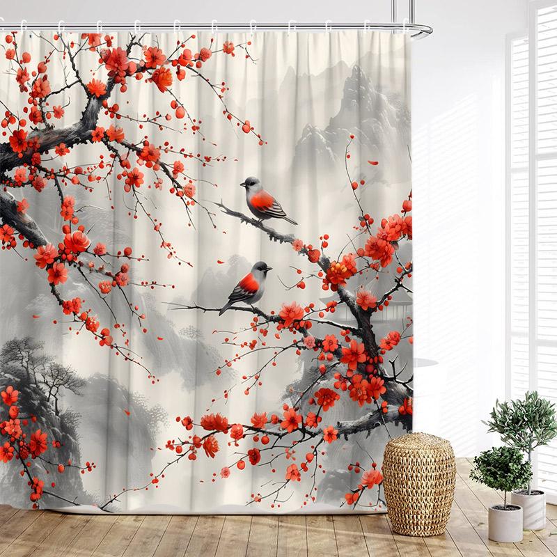 Havsvågor Bläckfisk Duschdraperier Sol Röd Floral Paviljong Japansk Stil Landskap Polyestertyg Hem Badrum Draperi Dekor