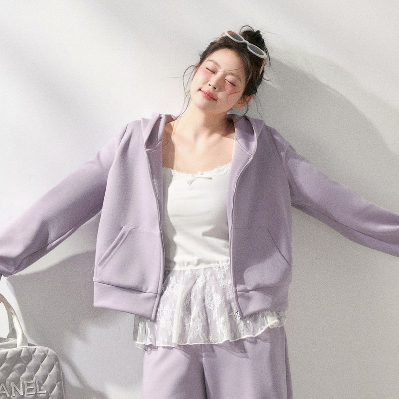 

New Plus-Size Women s Clothing for Chubby Girls, Korean Style Early Spring Slimming Purple Hooded Sweatshirt and Casual Pants Set Camisole 2XL