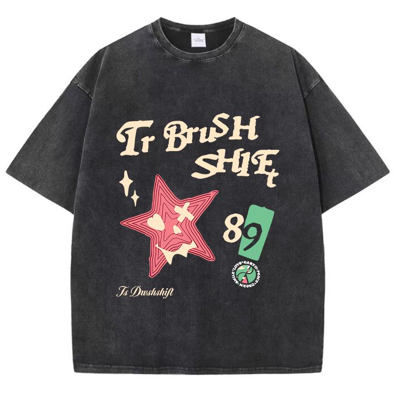 Oversized Women Washed T-Shirts Stars And Letters Printed Tee Shirts Cotton Crewneck Oversize Tees Vintage Summer Clothes