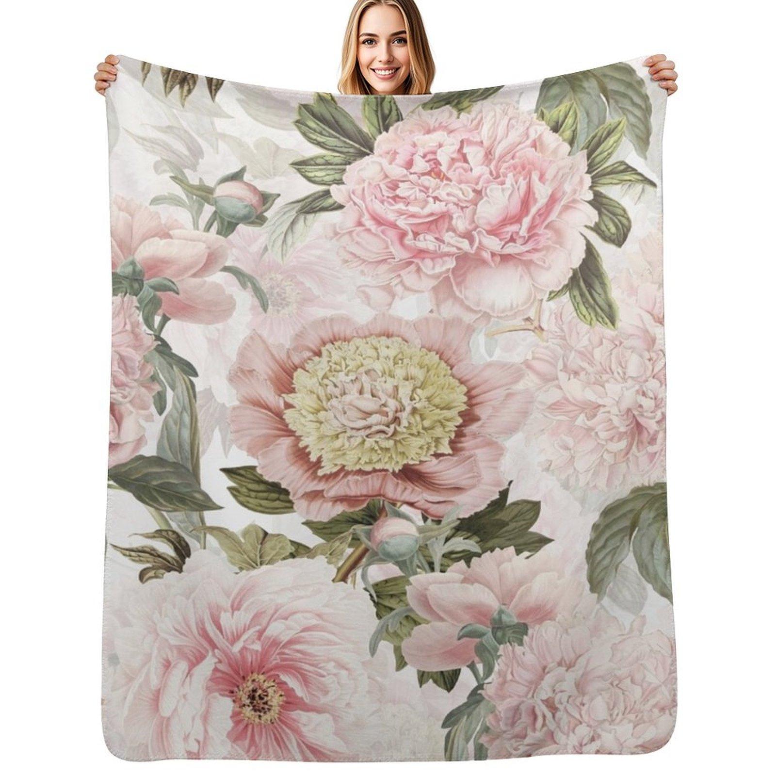 Vintage Botanical Blush Peony Flowers Pattern Throw Blanket Travel Size Cozy Blanket for Plane Train Size: 75*100cm, Weight: 230 GSM