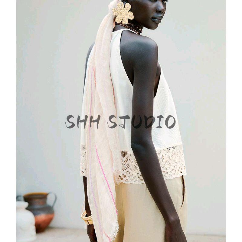 Vacation Style Back Slit Tops 3564123 Linen Blend Pleated Wide Leg Casual Trousers 3479848