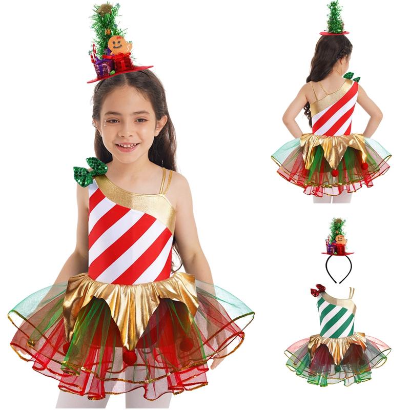 Kinder Mädchen Elfen Weihnachts Kleid Streifen Karneval Festival Cosplay Kostüm Ballett Trikot Tutu Kleid mit Stirnband
