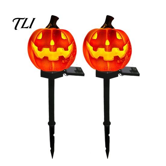 Easy Install Soil Insert Garden Stakes Solar Halloween Pumpkin Light, Waterproof LED Outdoor Resin Ghost Face Yard Lamp with Stake for Pathway