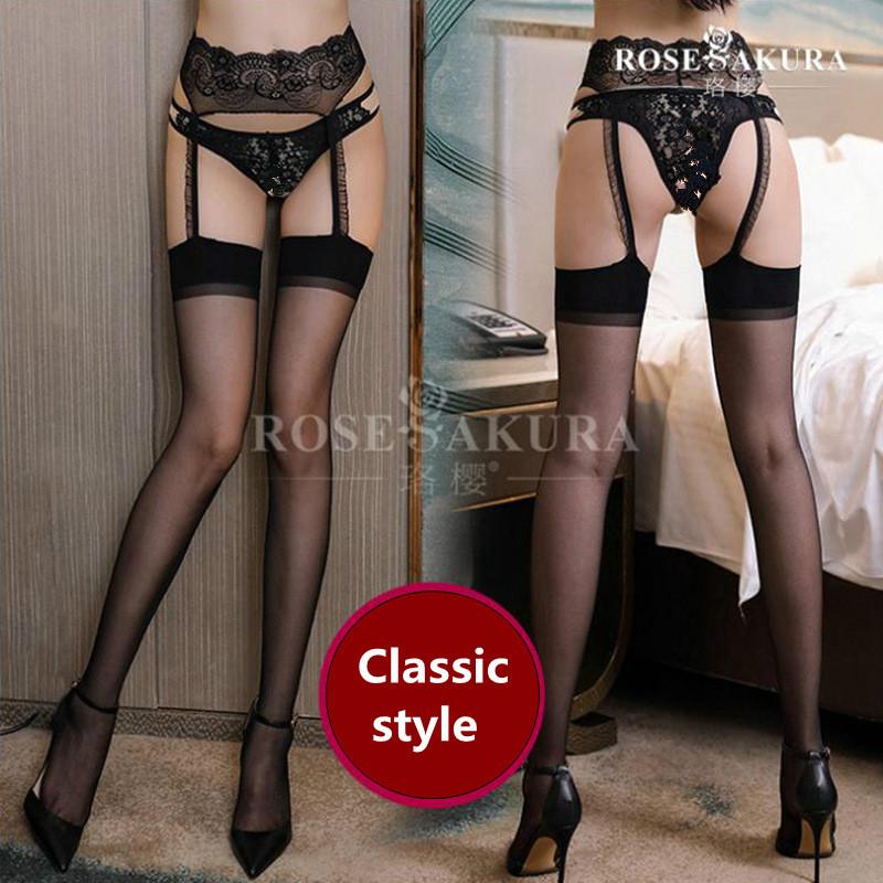 12D Women Sexy Garter Belt Stockings  In One Thigh High Socks Transparent Silk Lace Black Stockings Jarretelles Sexy Knee Socks