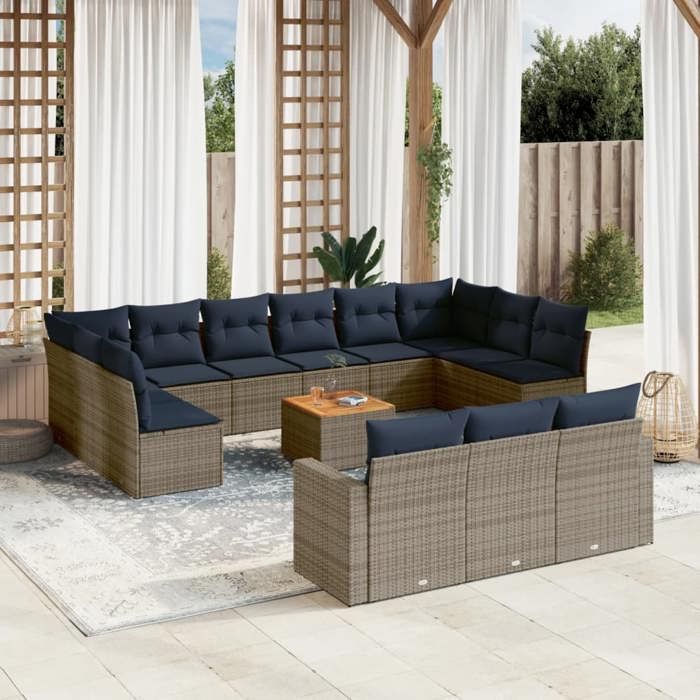 VidaXL Salon de Jardin avec Coussins 14 pcs, Canapés de Patio, Ensemble de Meubles, Mobilier de Terrasse Exterieur, Gris 3256698