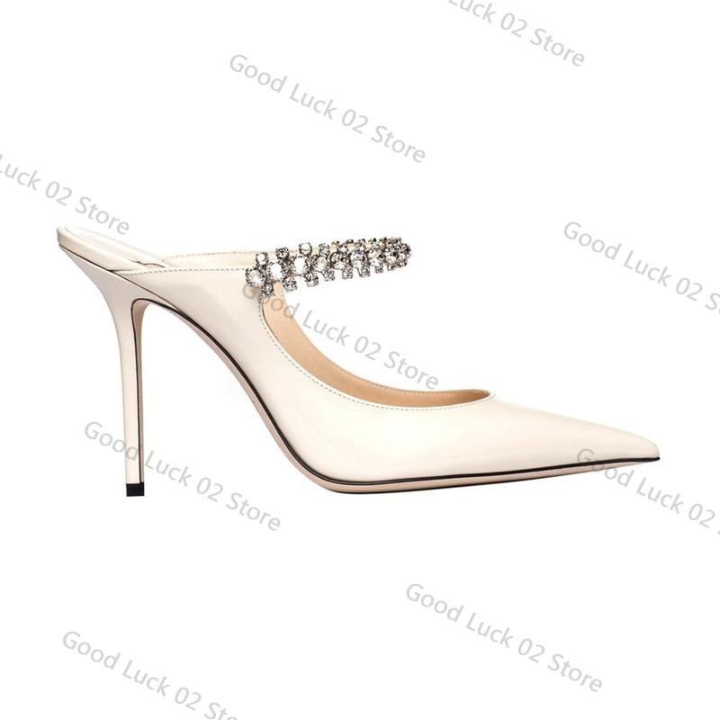 Fashion 2025 Rhinestone Patent Leather Bao Head Half Slippers New European French Wear High Heels Sandals Wedding White Sandals
