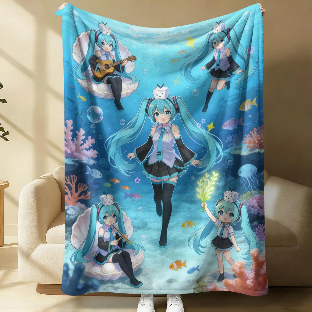 Hatsune Miku Flannel Blanket, Soft Home Throw, Nap Blanket, Sofa Throw, Anime Outdoor Travel Camping Blanket, Fans, Teens Gift