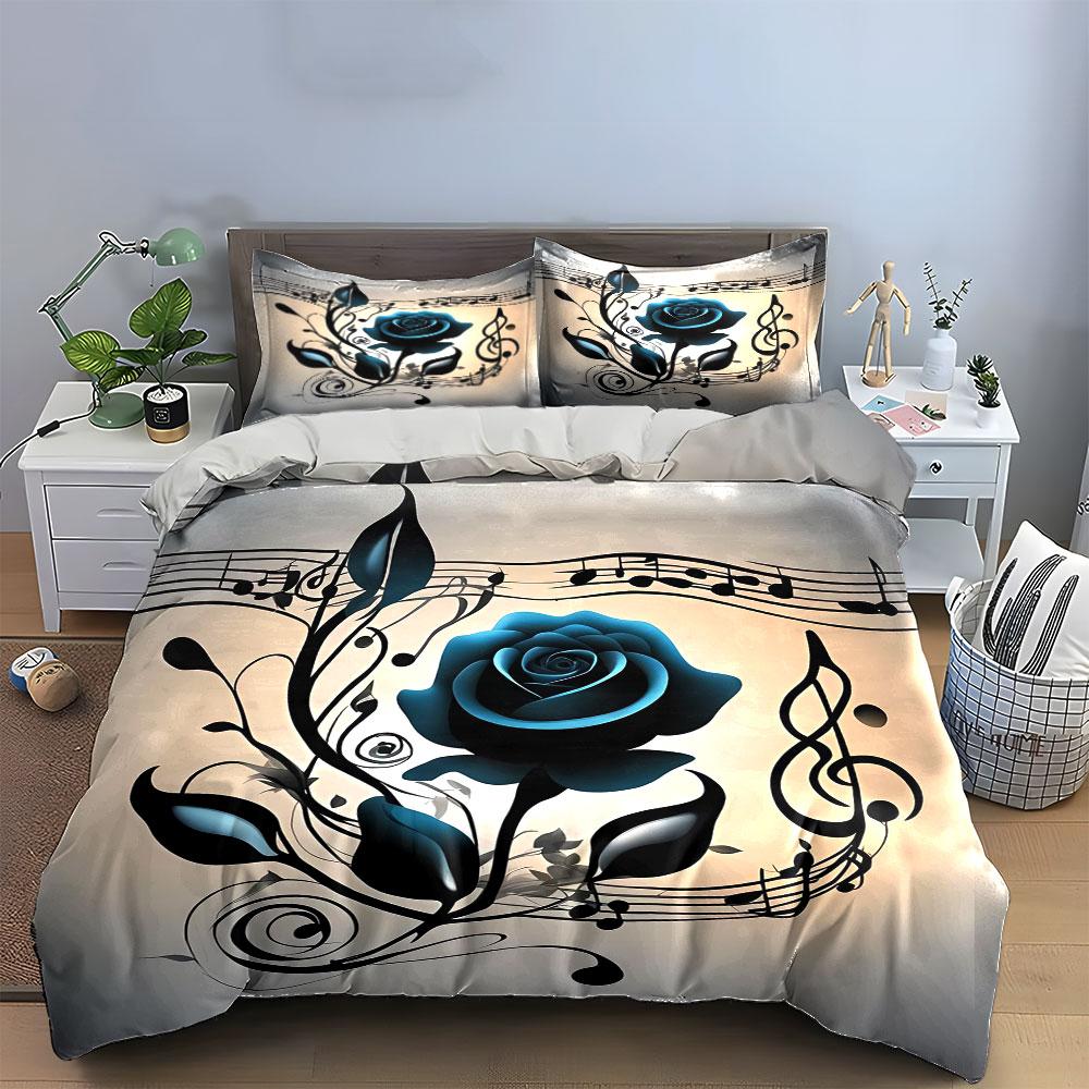 "Blue Rose Musical Art Decor" Soft Skin-Friendly Bedding Set Includes 1 Duvet Cover And 2 Pillowcase Gift