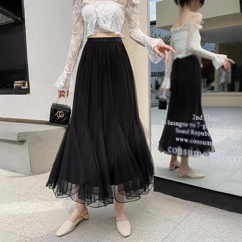 Apricot Irregular Mesh Fishtail Midi Skirt - European Style Elastic High Waist Pleated Fairy Skirt for Women, Spring/Summer