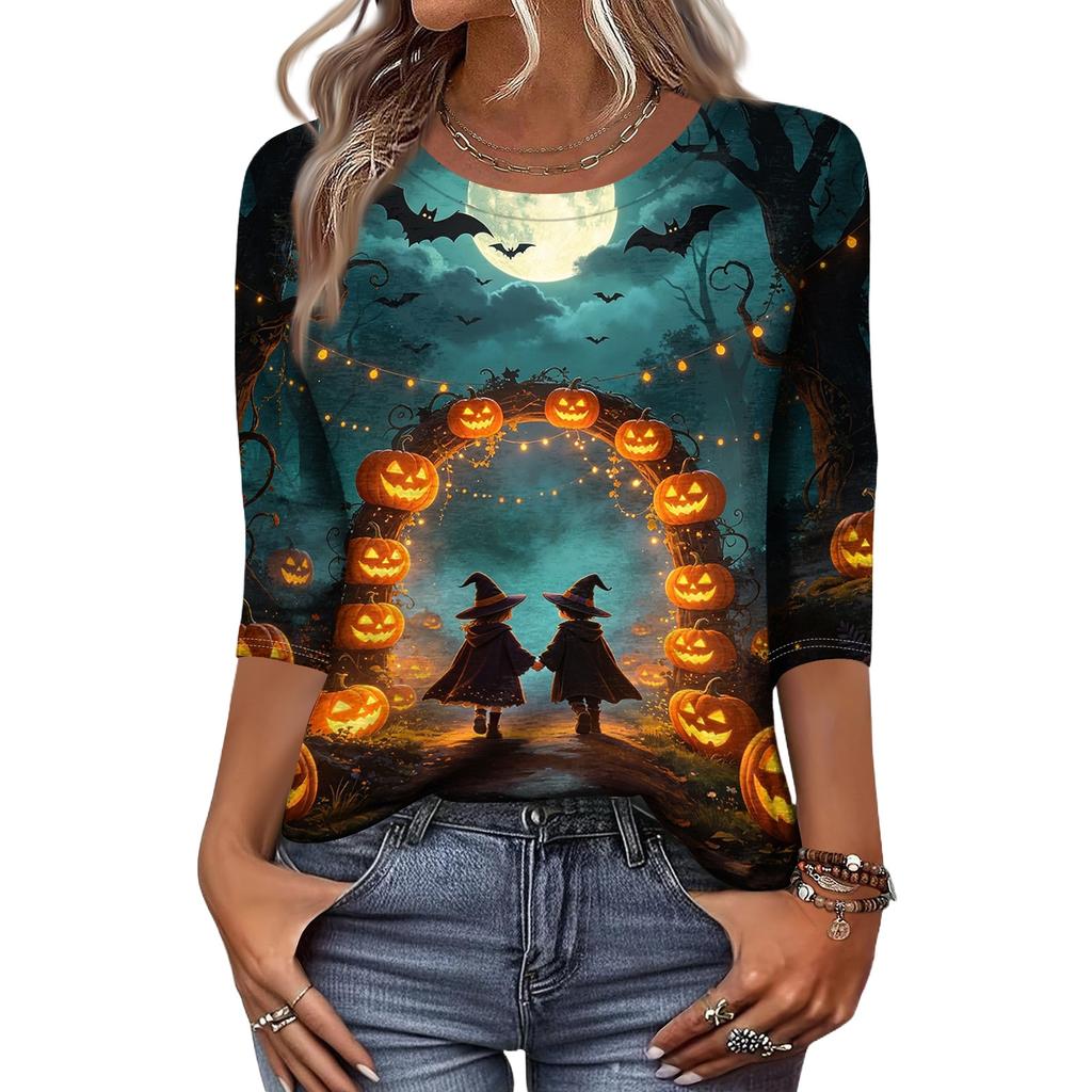Women’s Casual Three Quarter Sleeve Crew Neck Top Tie Dye Halloween Themed Print Relaxed Fit Soft Fabric for Daily Wear