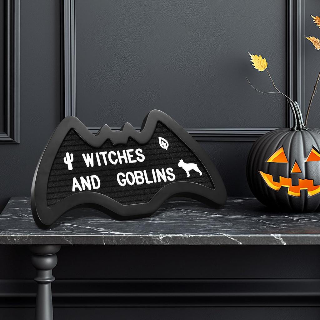 Felt Letter Board Bat Shaped with 394 Letters, Numbers, Symbols - 11x6 inch Changeable Message Board with Wooden Frame Stand, Canvas Bag and Wall