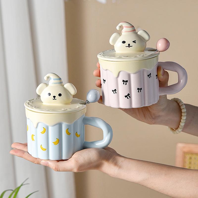 Cremiger Welpe Besonders Schöne Frühstückstasse mit Deckel Löffel Große Kapazität Tasse Niedliche Kindertasse Keramik