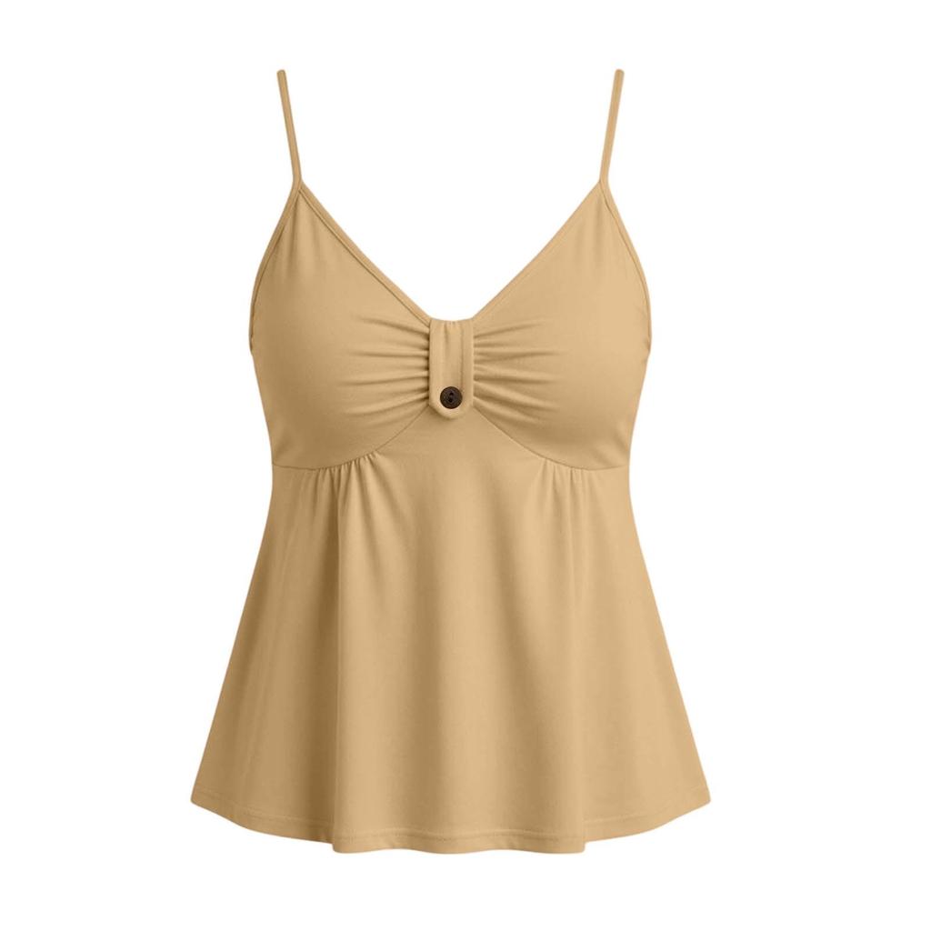 Women’s Casual V Neck Spaghetti Strap Tank Top Button Detail Sleeveless Loose Fit Summer Camisole Blouse Top