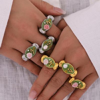 Artistic Rose Flower Jewelry Stainless Steel Enamel Ring With Pearls Accents Adjustable Band Open Band Floral Jewelry