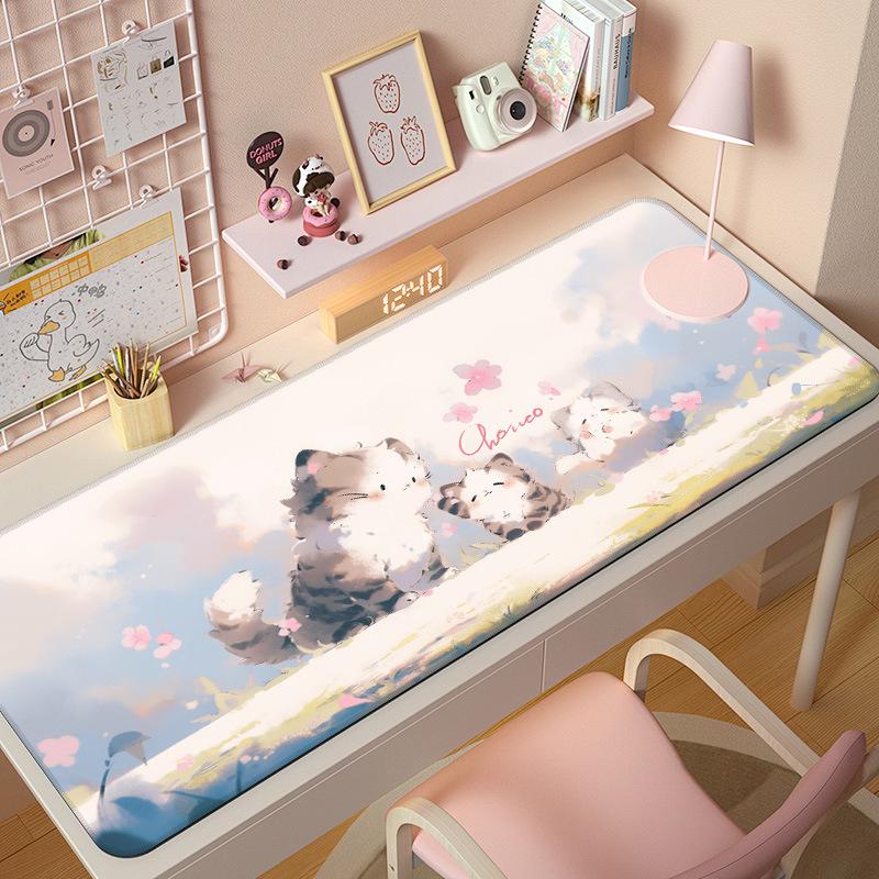 Extra Large Cute Cat Cartoon Mouse Pad with Stitched Edges - Aesthetic Desk Mat for Girls